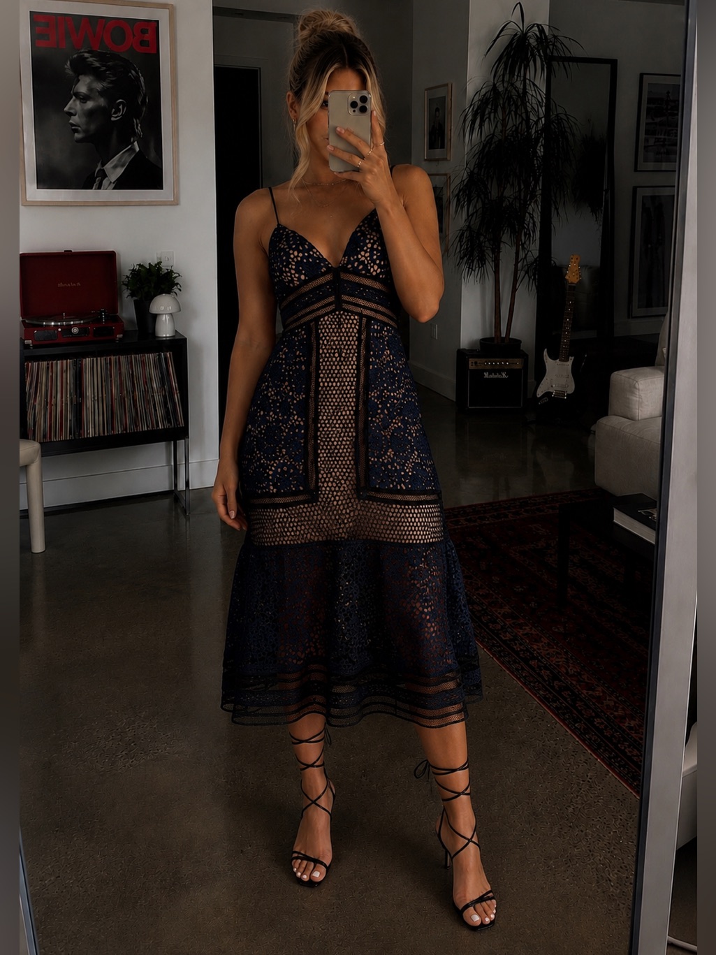 Self-Portrait Strappy Guipure Midi Dress With Pockets In Blue/Black Womens 0 New